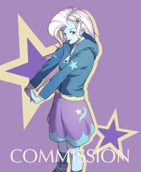 Size: 1684x2048 | Tagged: safe, artist:amazingpuffhair, trixie, human, equestria girls, g4, clothes, commission, cutie mark on clothes, female, hairpin, hand, hoodie, looking at you, simple background, skirt, solo, standing, stars, text, tongue out, zipper