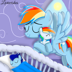 Size: 1000x1000 | Tagged: safe, artist:mlplary6, rainbow dash, oc, oc:blue skies, oc:speedy dash, pegasus, pony, g4, awww, baby, carrying, colt, cute, daaaaaaaaaaaw, eyes closed, female, filly, flying, foal, hug, male, mare, momma dash, mother and child, mother and daughter, mother and son, motherly love, offspring, parent:rainbow dash, parent:soarin', parents:soarindash, siblings, sleeping, smiling, twins, wrapped snugly