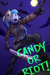 Size: 2159x3198 | Tagged: safe, artist:amazingpuffhair, sonata dusk, human, equestria girls, g4, clothes, costume, female, friday the 13th, halloween, high res, hockey mask, holiday, jason voorhees, machete, mask, open mouth, solo