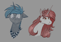 Size: 1600x1100 | Tagged: safe, artist:stray prey, oc, oc only, oc:elegy, oc:lucent, pony, unicorn, bust, duo, male, messy mane, neckerchief, pinpoint eyes, simple background, stallion