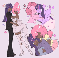 Size: 3703x3648 | Tagged: safe, artist:cupiepuff, pinkie pie, twilight sparkle, alicorn, earth pony, human, pony, g4, bride of frankenstein, cheek kiss, clothes, dark skin, dress, eyes closed, female, frankenstein's monster, heart, high heels, high res, humanized, kissing, lesbian, lesbian wedding, ship:twinkie, shipping, shoes, simple background, sparkles, stockings, suit, thigh highs, twilight sparkle (alicorn)