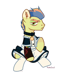 Size: 1200x1498 | Tagged: safe, artist:c1trine, oc, oc only, oc:wonder apple, earth pony, pony, icey-verse, clothes, collar, commission, ear piercing, earring, jewelry, lip piercing, magical gay spawn, maid, male, multicolored hair, offspring, parent:braeburn, parent:soarin', parents:soarburn, piercing, simple background, sitting, snake bites, socks, solo, stallion, stockings, tattoo, thigh highs, transparent background, unamused, ych result