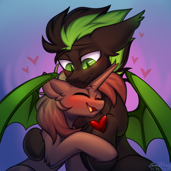 Size: 3400x3400 | Tagged: safe, artist:gicme, oc, oc only, bat pony, pony, unicorn, bat pony oc, blushing, bust, cuddling, cute, daaaaaaaaaaaw, duo, duo male, ear fluff, eyes closed, fangs, femboy, floppy ears, gay, happy, heart, high res, hooves, horn, hug, jewelry, laughing, love, male, pendant, raised hoof, relationship, romance, shipping, simple background, size difference, smiling, snuggling, stallion, unicorn oc, wings