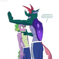 Size: 2048x2048 | Tagged: safe, artist:shallowwin, pharynx, spike, changedling, changeling, dragon, anthro, g4, blushing, clothes, domination, duo, duo male, height difference, high res, implied gay, implied shipping, implied spharynx, larger male, male, older, older spike, prince pharynx, school uniform, ship:spharynx, shorts, simple background, size difference, smaller male, teenage spike, teenaged dragon, teenager, white background