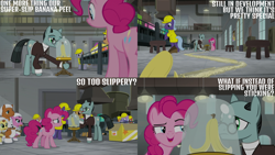 Size: 4400x2475 | Tagged: safe, edit, edited screencap, editor:quoterific, screencap, lavender flask, lemon honey, pinkie pie, sans smirk, earth pony, pony, g4, the last laugh, banana peel, male, stallion