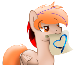 Size: 2440x2160 | Tagged: safe, artist:fededash, oc, oc only, oc:fededash, pegasus, pony, drawing, eye clipping through hair, eyebrows, eyebrows visible through hair, eyes open, folded wings, heart, high res, male, male oc, mouth hold, orange eyes, paper, pegasus oc, png, pony oc, simple background, smiling, solo, stallion, stallion oc, transparent background, wings