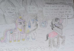 Size: 677x468 | Tagged: safe, artist:mr.myoozik, derpibooru exclusive, king sombra, princess cadance, shining armor, alicorn, pony, unicorn, the crystal empire 10th anniversary, g4, the crystal empire, angry, annoyed, armor, bad end, bite mark, blondie, captured, chains, cloud, crown, crystal, crystal heart, dark clouds, eyes closed, female, folded wings, footprint, gag, heart of glass (song), horn, jewelry, levitation, magic, magic suppression, male, mare, mountain, mountain range, muzzle gag, purple eyes, regalia, sad, sharp teeth, singing, slave, snow, song reference, speech bubble, stallion, teeth, telekinesis, text, thought bubble, traditional art, walking, wings