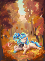 Size: 2100x2800 | Tagged: safe, artist:月下枫林, oc, oc only, oc:blueblaze stardust, autumn, eyes closed, female, high res, leaves, shipping, smiling, tree