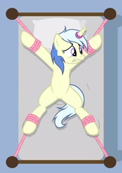 Size: 1536x2166 | Tagged: safe, artist:equestria secret guard, oc, oc only, oc:twinblade, pony, unicorn, armpits, bed, belly button, bondage, eyebrows, featureless crotch, female, frown, helpless, horn, horn ring, lying down, magic suppression, on back, on bed, ring, rope, rope bondage, scared, sexy, solo, spread eagle, teeth, tied to bed, tied up, unicorn oc