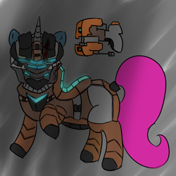 Size: 5000x5000 | Tagged: safe, artist:houndy, oc, oc only, oc:houndy, pony, unicorn, absurd resolution, armor, blood, blood splatter, blood stains, clothes, cosplay, costume, dead space, gun, helmet, horn, light, male, pink tail, stallion, tail, technology, thicc thighs, unicorn oc, weapon, wide hips