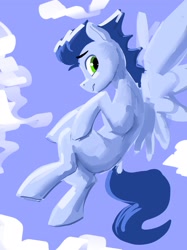 Size: 1535x2048 | Tagged: safe, artist:dimfann, soarin', pegasus, pony, g4, adult blank flank, cloud, flying, looking at you, male, missing cutie mark, solo, stallion