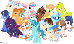 Size: 8385x5000 | Tagged: safe, artist:melisareb, part of a set, pony, unicorn, g4, .svg available, absurd resolution, book, braid, carlos (kleptocorns), citrus (kleptocorns), coin, confetti, crossover, emo, eyes closed, eyeshadow, female, galaxine, gerin, gradient mane, gradient tail, group, jewelry, kleptocorns, kumo (kleptocorns), leonine tail, lidded eyes, looking at you, lying down, makeup, male, mare, martha (kleptocorns), medley (kleptocorns), mentita, olviria, open mouth, pikopen, prone, raised hoof, rangey, scrunchy face, simple background, sitting, smiling, smirk, stallion, stars, stras, suaft, tail, transparent background, truf, vector, wafu