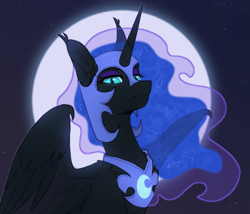 Size: 1599x1366 | Tagged: safe, artist:trickate, nightmare moon, alicorn, pony, g4, armor, constellation, female, full moon, horn, long horn, looking at you, mare, moon, solo