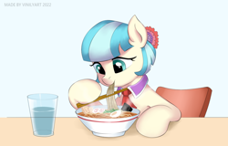 Size: 1096x701 | Tagged: safe, artist:vinilyart, coco pommel, earth pony, pony, g4, eating, egg, food, glass, glass of water, noodles, ramen, simple background, solo, white background