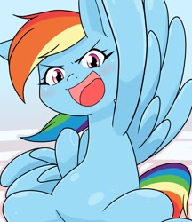 Size: 640x740 | Tagged: safe, artist:batipin, rainbow dash, pegasus, pony, g4, eyebrows, female, looking at you, mare, open mouth, open smile, smiling, smiling at you, solo, spread wings, wings
