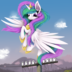 Size: 4000x4000 | Tagged: safe, artist:ser-p, princess celestia, alicorn, pony, absurd resolution, crown, female, hoof shoes, jewelry, mare, power line, regalia, solo, spread wings, wings