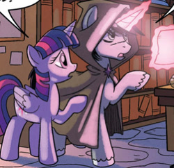 Size: 750x725 | Tagged: safe, artist:tonyfleecs, idw, official comic, shadow lock, twilight sparkle, alicorn, pony, unicorn, from the shadows, g4, spoiler:comic, spoiler:comic53, cloak, clothes, cropped, duo, female, glowing, glowing horn, horn, male, mare, paper, raised hoof, stallion, twilight sparkle (alicorn)
