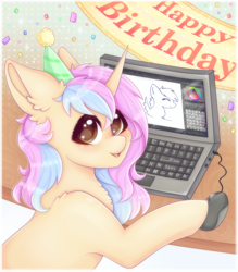 Size: 2100x2400 | Tagged: safe, artist:saltyvity, oc, pony, unicorn, big eyes, blue hair, blushing, brown eyes, commission, computer, confetti, cute, drawing, ear fluff, fluffy, happy, happy birthday, high res, krita, laptop computer, paint, painting, particles, pc, pink hair, solo, sparkles