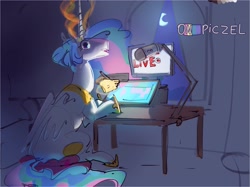 Size: 3205x2395 | Tagged: safe, artist:alumx, princess celestia, alicorn, pony, g4, computer, drawing tablet, female, hand, high res, looking at you, looking back, looking back at you, magic, magic hands, mare, sitting, solo