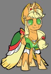Size: 1400x2030 | Tagged: safe, artist:moonseeker, applejack, alicorn, pony, g4, alicornified, applecorn, clothes, color, crown, dress, female, gray background, horn, jewelry, mare, race swap, regalia, simple background, sketch, solo, wings