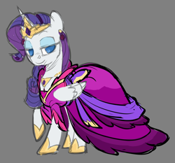 Size: 2006x1872 | Tagged: safe, artist:moonseeker, rarity, alicorn, pony, alicornified, clothes, crown, dress, female, gray background, high res, jewelry, mare, princess rarity, race swap, raricorn, regalia, simple background, sketch, solo