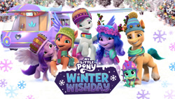 Size: 1000x563 | Tagged: safe, hitch trailblazer, izzy moonbow, pipp petals, sparky sparkeroni, sunny starscout, zipp storm, dragon, earth pony, pegasus, pony, unicorn, g5, my little pony: make your mark, my little pony: make your mark chapter 3, winter wishday, spoiler:g5, spoiler:winter wishday, female, male, mane five, mane stripe sunny, mare, marestream, stallion