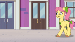 Size: 800x450 | Tagged: safe, screencap, lemon gear, posey bloom, earth pony, pony, g5, my little pony: tell your tale, take flight in the marestream, spoiler:tyts01e36, animated, female, gif, male, mare, not flash sentry, rearing, stallion