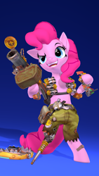 Size: 2160x3840 | Tagged: safe, artist:owlpirate, pinkie pie, earth pony, pony, g4, 3d, 4k, amputee, bipedal, clothes, cosplay, costume, female, gradient background, grenade launcher, high res, hoof hold, junkrat, mare, open mouth, open smile, overwatch, peg leg, prosthetic leg, prosthetic limb, prosthetics, smiling, solo, source filmmaker, weapon
