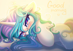 Size: 1323x935 | Tagged: safe, artist:chaosangeldesu, princess celestia, alicorn, pony, g4, blushing, cute, looking at you, morning, smiling, smiling at you, solo
