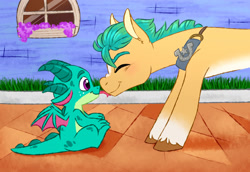 Size: 2857x1961 | Tagged: safe, artist:cartoonboyfriends, hitch trailblazer, sparky sparkeroni, dragon, earth pony, pony, g5, :p, baby, baby dragon, boop, cute, eyes closed, father and child, father and son, forked tongue, freckles, hitchbetes, licking, male, noseboop, papa hitch, sheriff's badge, smiling, sparkybetes, stallion, tongue out