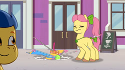 Size: 3072x1727 | Tagged: safe, screencap, lemon gear, posey bloom, earth pony, pony, g5, my little pony: tell your tale, take flight in the marestream, spoiler:g5, spoiler:my little pony: tell your tale, spoiler:tyts01e36, ball, duo, duo male and female, eyes closed, female, high res, izzy's tennis ball, kite, male, mare, not flash sentry, smiling, stallion, tennis ball, youtube link