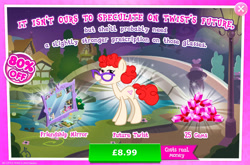 Size: 1964x1296 | Tagged: safe, gameloft, twist, earth pony, pony, g4, my little pony: magic princess, official, the last problem, advertisement, bridge, bush, costs real money, english, female, flower, gem, glasses, introduction card, mare, mirror, numbers, older, older twist, sale, solo, text