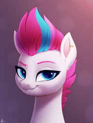 Size: 1500x2000 | Tagged: safe, artist:luminousdazzle, zipp storm, pegasus, pony, g5, blue eyes, bust, ear piercing, eyebrows, female, grin, looking at you, mare, multicolored mane, piercing, portrait, simple background, smiling, smiling at you, smug, smugzipp, solo
