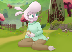 Size: 2290x1660 | Tagged: safe, artist:hitsuji, pom (tfh), lamb, sheep, anthro, unguligrade anthro, them's fightin' herds, adorapom, brick wall, clothes, community related, cute, female, fence, food, house, looking offscreen, pants, sandwich, solo, tree, turtleneck, windmill