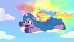 Size: 1280x720 | Tagged: safe, screencap, izzy moonbow, zipp storm, pegasus, pony, unicorn, g5, my little pony: tell your tale, take flight in the marestream, spoiler:tyts01e36, absurd file size, absurd gif size, animated, ball, broken, duo, duo female, falling, female, flying, gif, izzy's tennis ball, kite, magic, mare, open mouth, open smile, rescue, smiling, tennis ball, uh oh, youtube link
