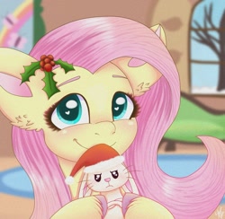 Size: 1987x1939 | Tagged: safe, artist:galaxy swirl, angel bunny, fluttershy, pegasus, pony, angel bunny is not amused, blushing, christmas, cute, fluttershy's cottage (interior), hat, heart, heart eyes, holiday, holly, looking at you, santa hat, shyabetes, smiling, smiling at you, unamused, wingding eyes