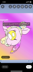 Size: 828x1792 | Tagged: safe, artist:enperry88, luster dawn, crystal pony, pony, unicorn, the crystal empire 10th anniversary, g4, blobmob, blobmob (splatoon 3), clothes, collaboration, crossover, crystallized, curved horn, emberz (splatoon 3), emberz x the crystal empire, gradient background, horn, orange background, peach background, pink background, purple background, shirt, simple background, splatoon, splatoon 3, sweater