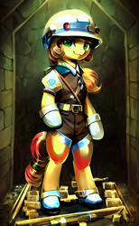 Size: 1024x1664 | Tagged: safe, ai assisted, ai content, artist:darbarri, derpibooru exclusive, generator:stable diffusion, crystal pony, semi-anthro, the crystal empire 10th anniversary, arm hooves, clothes, detailed, female, floppy ears, full body, hard hat, hat, looking at you, mare, solo, standing, uniform, uniform hat