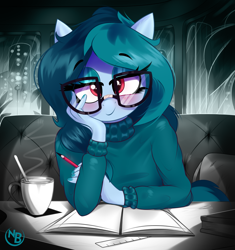 Size: 3169x3378 | Tagged: safe, artist:nevobaster, oc, oc only, oc:delta vee, pegasus, anthro, backpack, bedroom eyes, blushing, book, cafe, clothes, coffee mug, cute, female, glasses, high res, looking at you, makeup, meganekko, mug, notebook, pencil, rain, sitting, solo, stare, staring at you, sweater