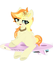 Size: 1080x1441 | Tagged: safe, artist:sodapop sprays, oc, oc only, oc:sodapop sprays, pegasus, pony, chest fluff, female, flower, flower in hair, jewelry, looking at you, mare, necklace, powerboard, simple background, sitting, smiling, smiling at you, solo, surfboard, transparent background