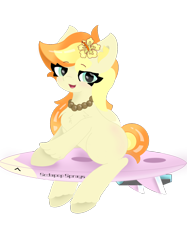 Size: 1080x1441 | Tagged: safe, artist:sodapop sprays, oc, oc only, oc:sodapop sprays, pegasus, pony, chest fluff, colored ear fluff, female, flower, flower in hair, flower on ear, jewelry, looking at you, mare, necklace, open mouth, open smile, powerboard, simple background, sitting, smiling, smiling at you, solo, surfboard, transparent background