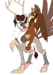 Size: 834x1194 | Tagged: safe, artist:fluffy_peryton, oc, oc:fluffy peryton, oc:grimvale, deer, deer pony, original species, peryton, riding, simple background