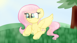 Size: 1920x1080 | Tagged: safe, artist:sugarcloud12, fluttershy, pony, g4, lying down, prone, solo