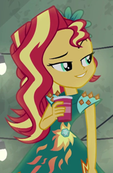 Size: 410x630 | Tagged: safe, edit, edited screencap, screencap, sunset shimmer, human, equestria girls, g4, my little pony equestria girls: legend of everfree, clothes, cropped, crystal gala dress, cup, dress, smiling, smirk, smugset shimmer, solo, teasing