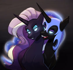 Size: 2587x2470 | Tagged: safe, artist:chub-wub, nightmare moon, nightmare rarity, alicorn, pony, unicorn, g4, bedroom eyes, duo, eyeshadow, fangs, female, grin, helmet, high res, lesbian, makeup, open mouth, self paradox, selfcest, ship:dance of the nightmares, shipping, smiling