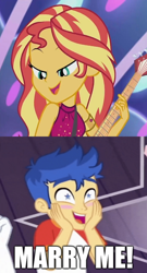 Size: 490x910 | Tagged: safe, edit, edited screencap, screencap, flash sentry, sunset shimmer, human, equestria girls, equestria girls specials, g4, my little pony equestria girls: better together, my little pony equestria girls: spring breakdown, bedroom eyes, blushing, electric guitar, female, guitar, hands on cheeks, male, musical instrument, ship:flashimmer, shipping, shipping domino, smiling, starry eyes, straight, wingding eyes