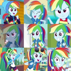 Size: 720x720 | Tagged: safe, edit, editor:megalobronia, screencap, rainbow dash, human, cheer you on, dashing through the mall, do it for the ponygram!, equestria girls, equestria girls specials, festival filters, g4, get the show on the road, i'm on a yacht, my little pony equestria girls: better together, my little pony equestria girls: holidays unwrapped, my little pony equestria girls: mirror magic, my little pony equestria girls: summertime shorts, the last day of school, winter break-in, clothes, collage, cruise outfit, cute, dashabetes, music festival outfit, sunglasses, sunglasses on head, winter outfit