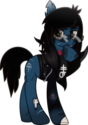 Size: 3676x5196 | Tagged: safe, artist:lightningbolt, artist:php178, derpibooru exclusive, earth pony, pony, undead, zombie, zombie pony, 2023 community collab, derpibooru community collaboration, bats!, g4, my little pony: the movie, .svg available, bags under eyes, black mane, black tail, blood, blood stains, bloodshot eyes, bomber jacket, bone, brand, branding, bring me the horizon, brown eyes, chipped tooth, clothes, collaboration, colored pupils, drop dead clothing, fangs, flower, frown, grumpy, hoof on chin, inkscape, jacket, jeans, leather, leather jacket, lip piercing, long sleeves, looking at you, male, male symbol, mouth hold, movie accurate, oliver sykes, pants, piercing, raised hoof, rose, scar, shirt, simple background, solo, stallion, standing, stitches, sunglasses, svg, sweatshirt, t-shirt, tail, tattoo, text, torn ear, transparent background, umbrella, vector, zipper