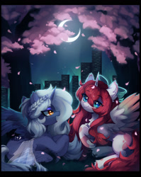 Size: 1280x1606 | Tagged: safe, artist:astralblues, oc, oc only, alicorn, pony, alicorn oc, city, duo, horn, moon, wings