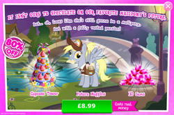 Size: 1957x1298 | Tagged: safe, gameloft, derpy hooves, pegasus, pony, g4, my little pony: magic princess, advertisement, bag, bridge, costs real money, cupcake, english, envelope, female, food, gem, hat, introduction card, letter, mailmare, mare, numbers, older, older derpy hooves, package, ponytail, sale, solo, spread wings, text, wings